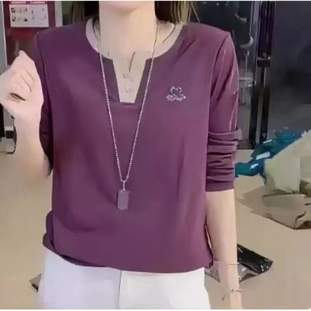 Women's Long sleeved T shirt V neck Bottoming Shirt Hot Rhinestone Casual Top Little Swan Purple - Shop at LoveMi