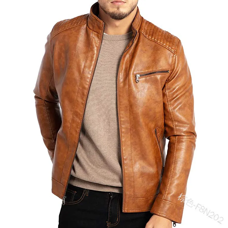 Men's Polyester Stand Collar Punk Motorcycle Leather Jacket