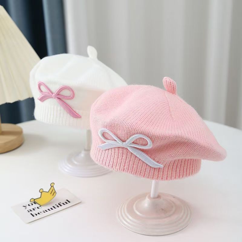 Beret Sweet Embroidery Bow Thermal And Windproof Woolen Cap