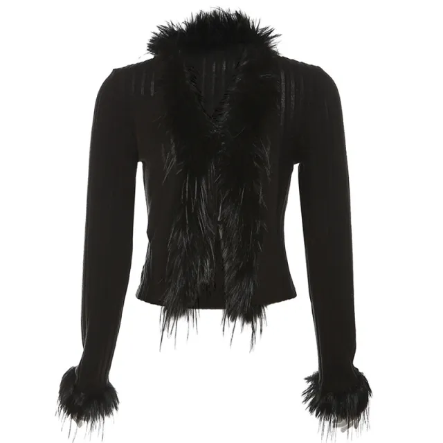 Women's Knitted Fashionable Plush Lace up Cardigan Waist tight Navel exposed Woven Shirt Black - Shop at LoveMi