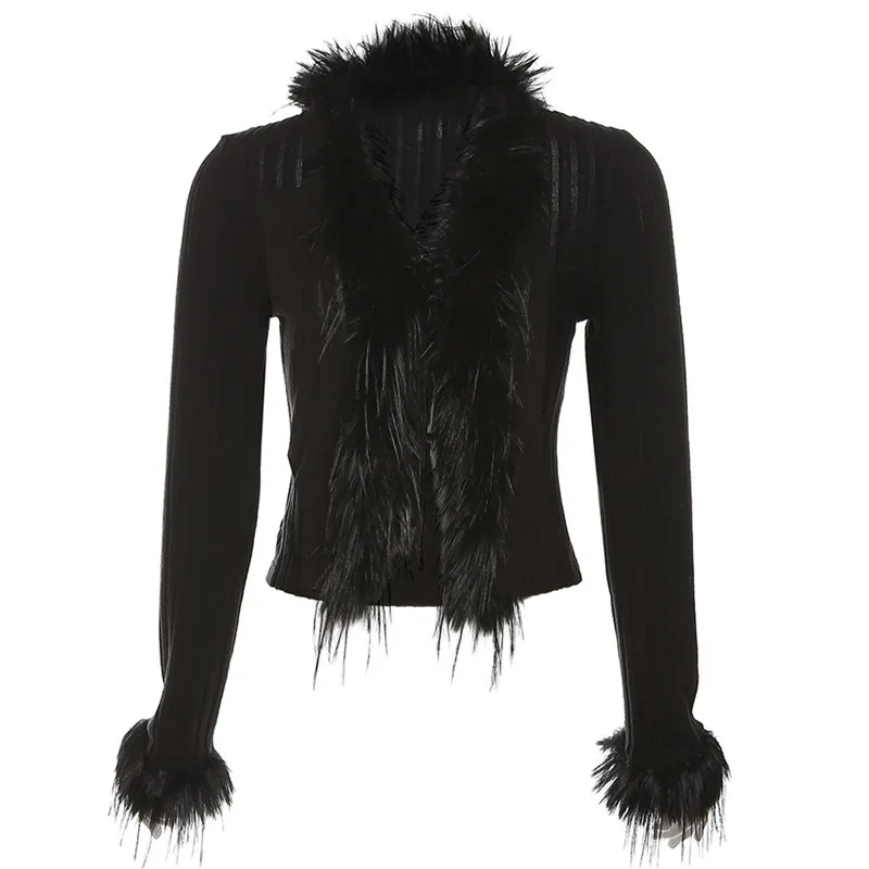 Women's Knitted Fashionable Plush Lace-up Cardigan Waist-tight Navel-exposed Woven Shirt - Black