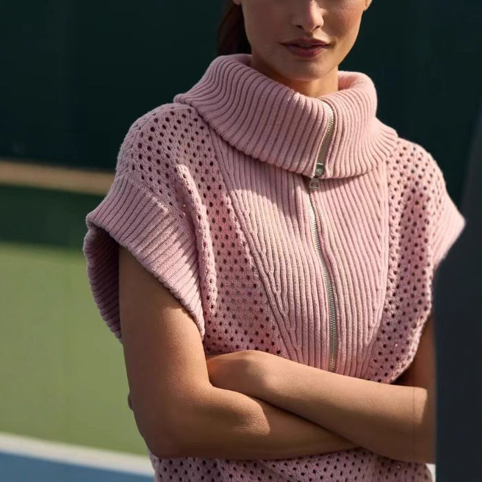 Half-Open Chest Zipper Lapel Pullover Vest Knitted Sweater