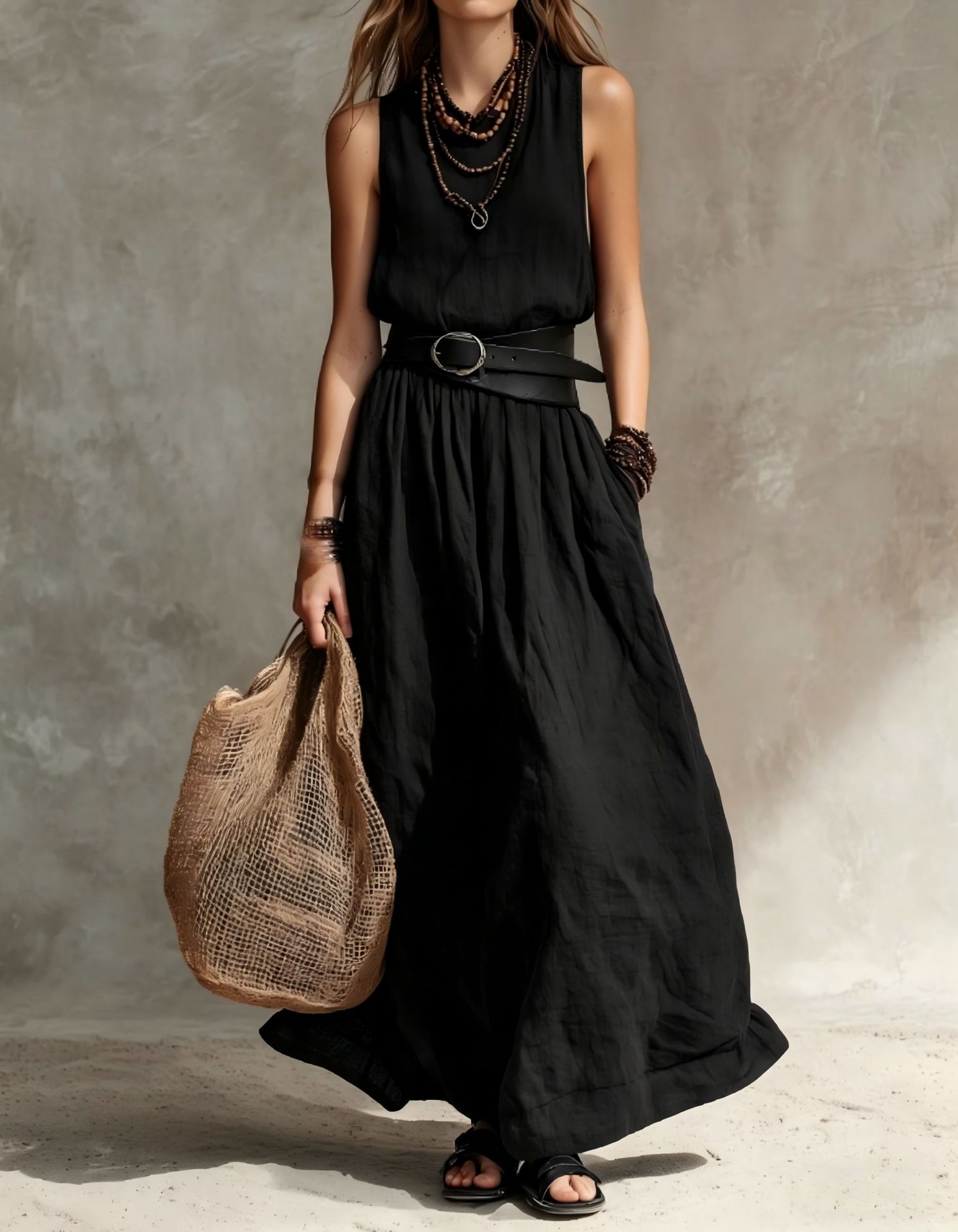 Women's Turn-Down Collar Sleeveless Midi Dress – Black colorway front view
