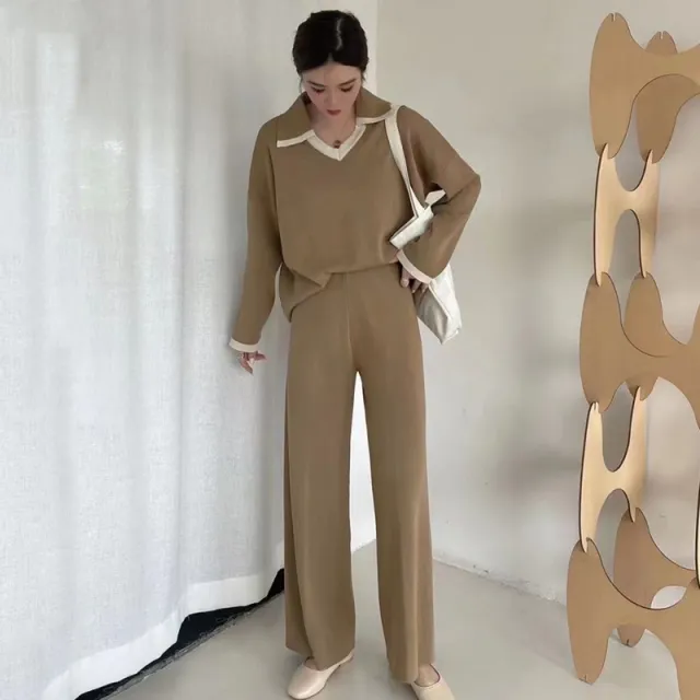 Contrast Color Pullover Loose Niche Casual Wide leg Pants For Women Knitting Suit Yellow - Shop at LoveMi
