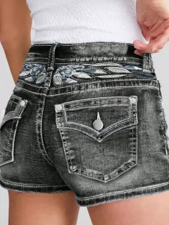 Women's Slim-fit Embroidered Fashion Denim Shorts - Black - View 1