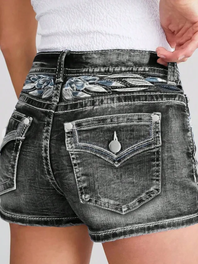 Women's Slim fit Embroidered Fashion Denim Shorts Black - Shop at LoveMi