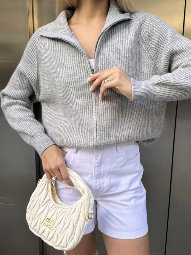 Women's Casual Knit Dual zip Solid Color Sweater Light Gray - Shop at LoveMi