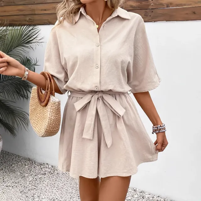 Fashion Belt Short sleeved Jumpsuit Women's All matching Khaki - Shop at LoveMi