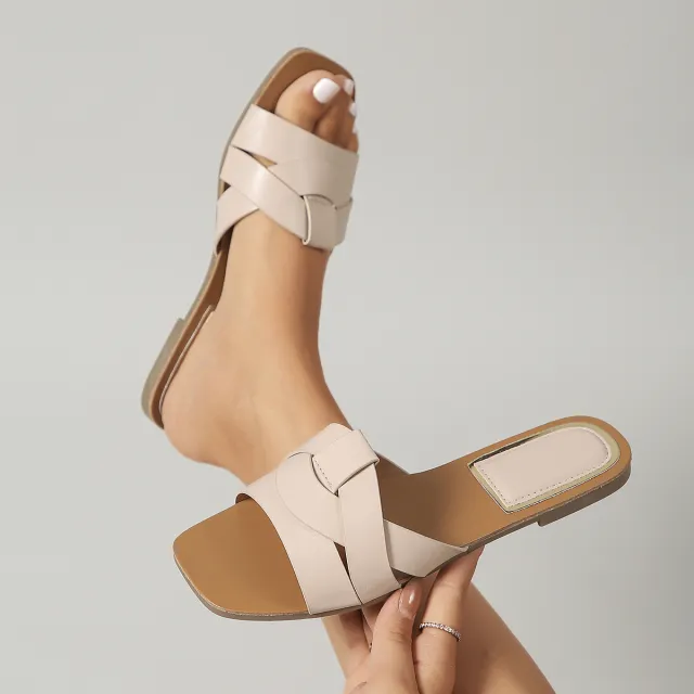 Summer Beach Square Toe Woven Cross Flat Women's Sandals Skin Color 39 - Shop at LoveMi