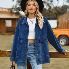 Retro Classic Loose Denim Casual Coat Top Women - Dark Blue - View 1
