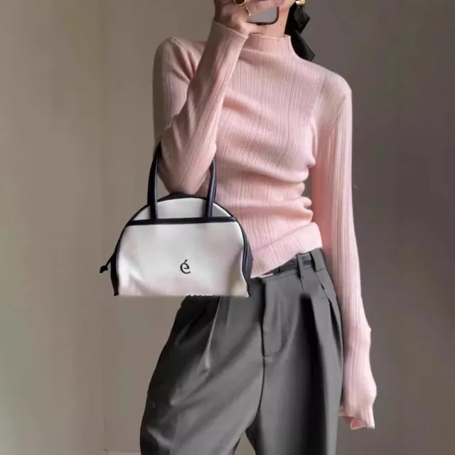 Women's Half Turtleneck Solid Color Autumn Knitted Sweater Slimming Bottoming Shirt Pink - Shop at LoveMi