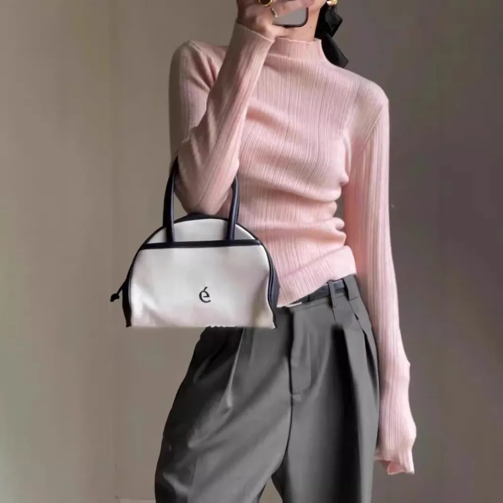 Women's Half Turtleneck Solid Color Autumn Knitted Sweater Slimming Bottoming Shirt - Pink