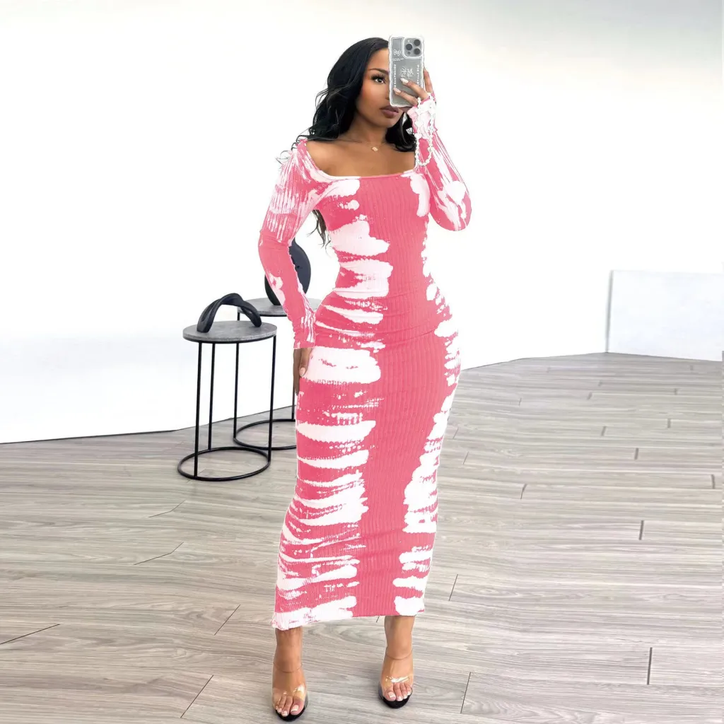 Square Collar Skinny Sheath Maxi Dress - Pink