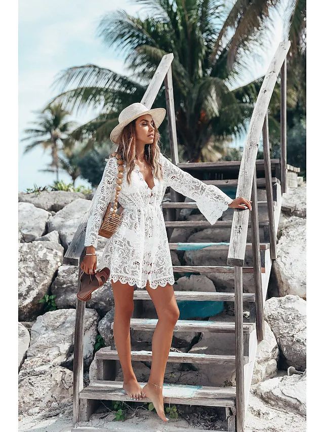 Sun-Protecting Lace V-Neck Bikini Cover-Up Shirt with Waistline Sun-Protecting Lace V-Neck Bikini Cover-Up Shirt with Waistline