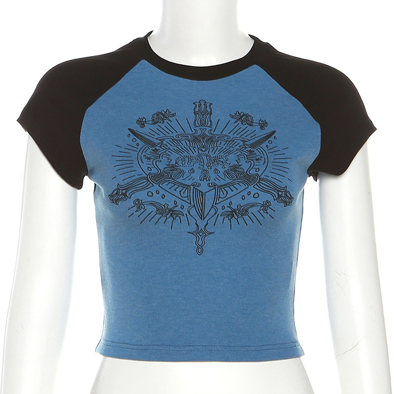 Fashion Round Neck Multicolor Slim-fit Printed Short Sleeve