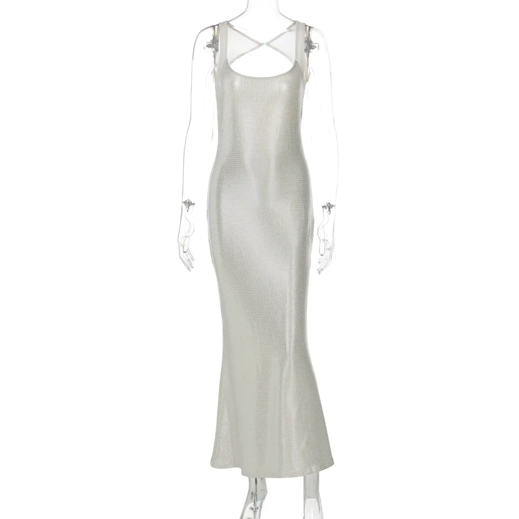 Sexy Backless Mesh Stitching Socialite Temperament Slim Dress - Beige