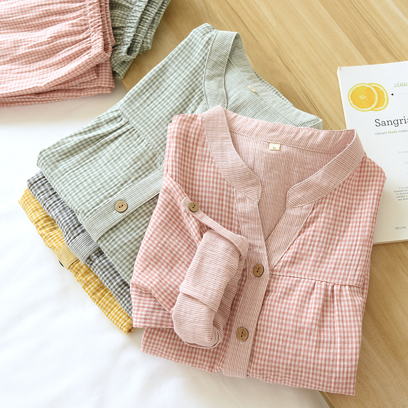 Cotton Double-layer Gauze Thin Pajamas Pants Ladies' Homewear Long-sleeved Trousers Yarn-dyed Washed Cotton Yarn