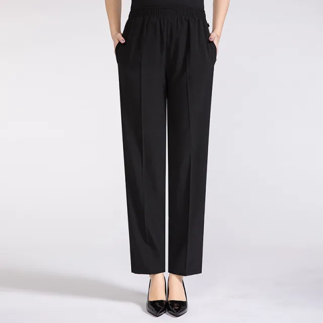 Summer Mother's Thin Cropped Pants New Ice Silk Elastic High Waist Plus Size Outer Wear Trousers Black - Shop at LoveMi