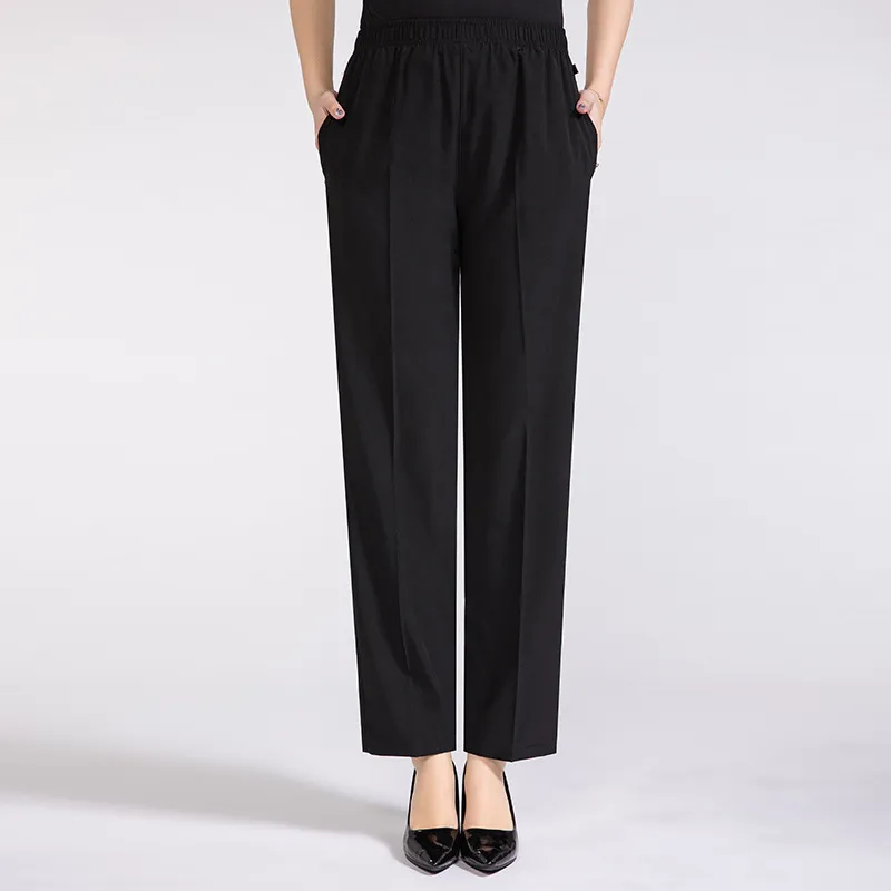 Summer Mother's Thin Cropped Pants New Ice Silk Elastic High Waist Plus Size Outer Wear Trousers - Black