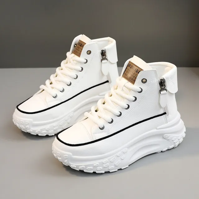 Round Toe Shoes Platform Height Increasing Casual Sneakers White - Shop at LoveMi