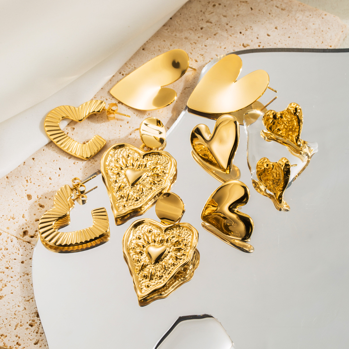 Stainless Steel Love Heart Earrings Fashion Pleated