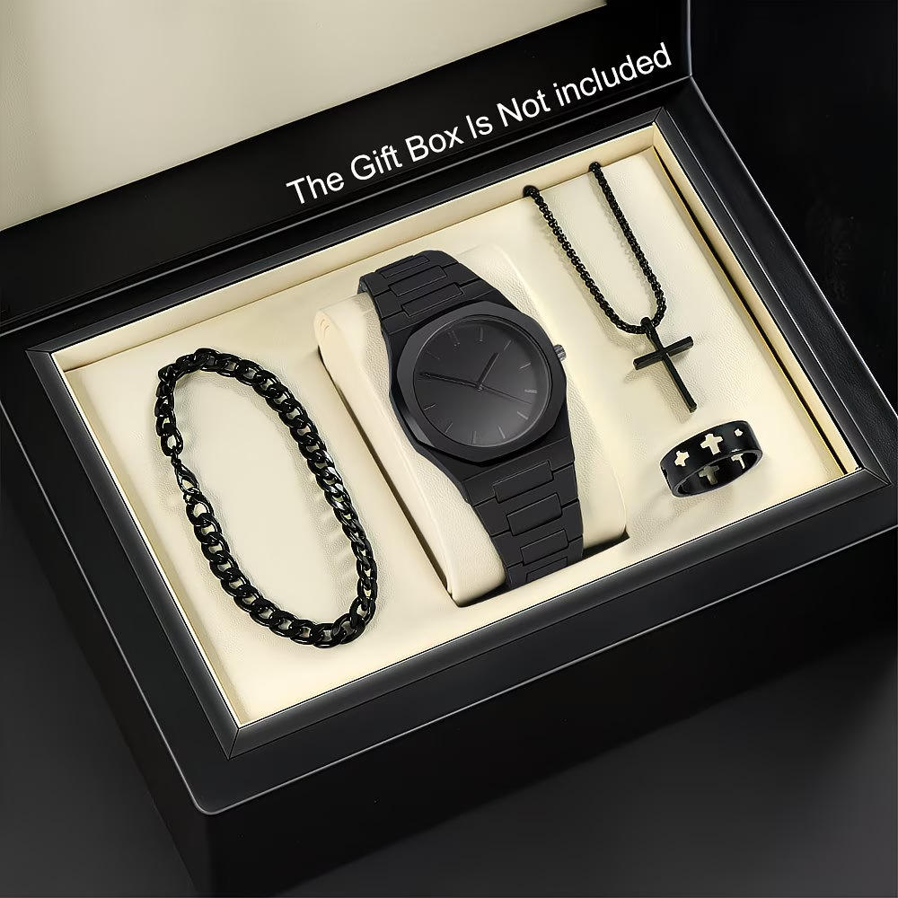 Mens Quartz Watch Necklace Bracelet Set