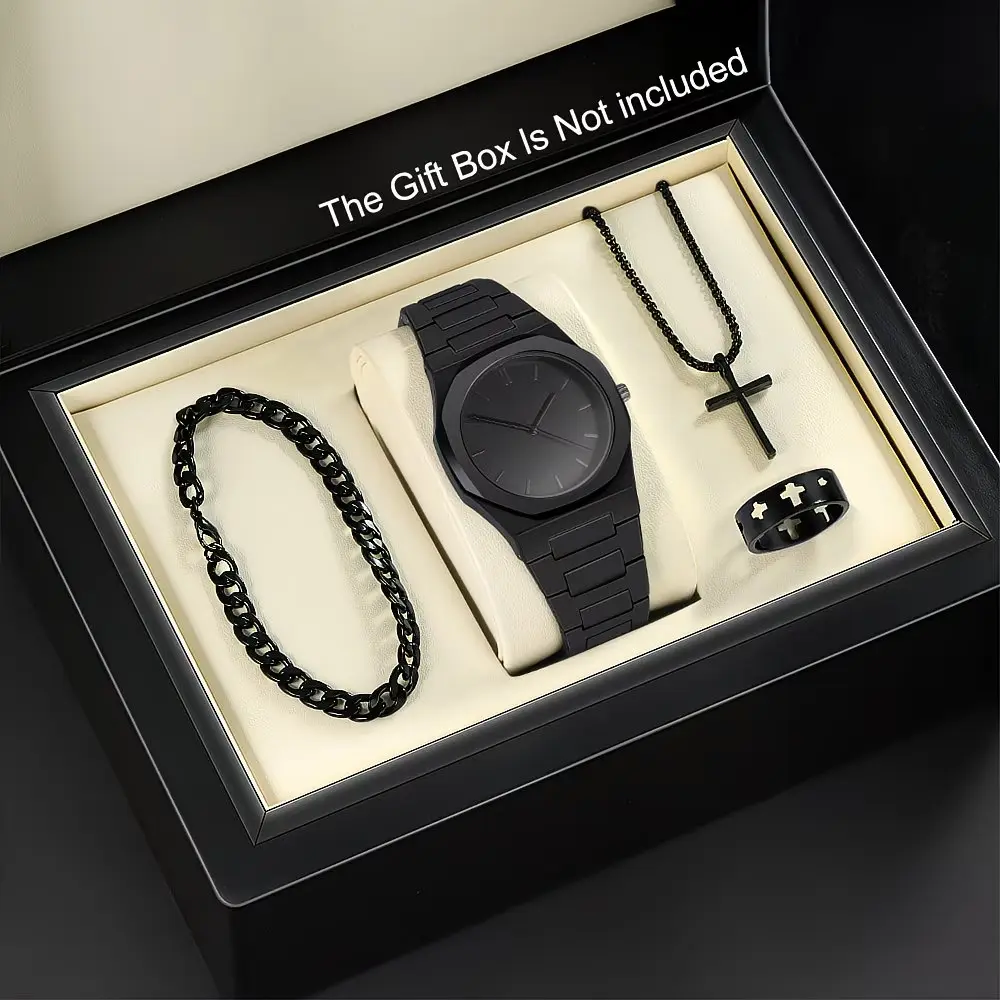 Mens Quartz Watch Necklace Bracelet Set