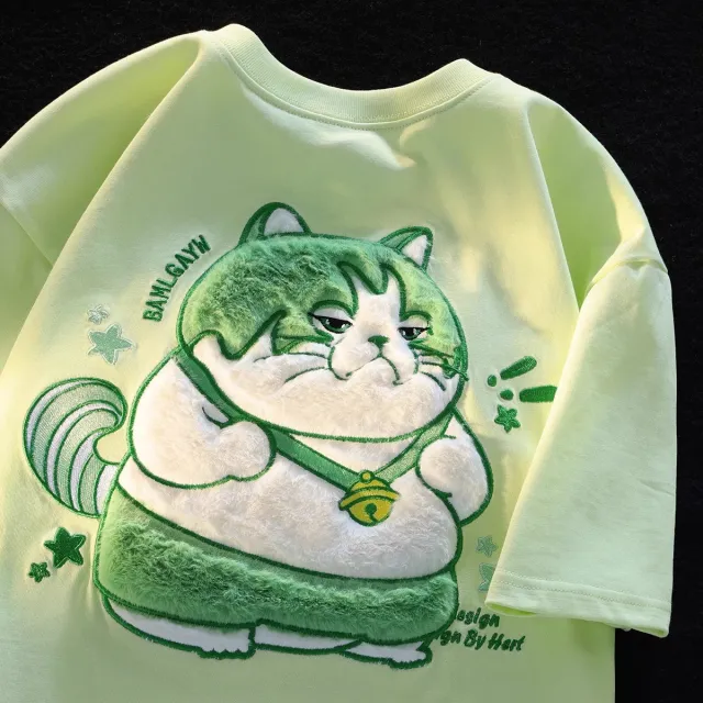 Cute Embroidered Small Fat Cat Short Sleeve T shirt Design Sense Niche Loose Half Couple Style Yellow Green - Shop at LoveMi