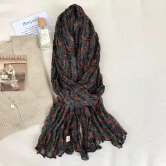 Artistic Retro Soft Small Floral Vintage Cotton And Linen Scarf For Women - Sku05 Black Rose - View 1