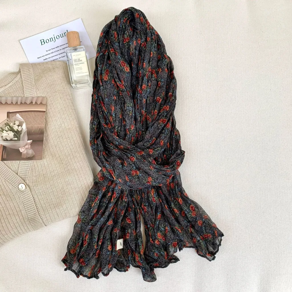 Artistic Retro Soft Small Floral Vintage Cotton And Linen Scarf For Women - Sku05 Black Rose