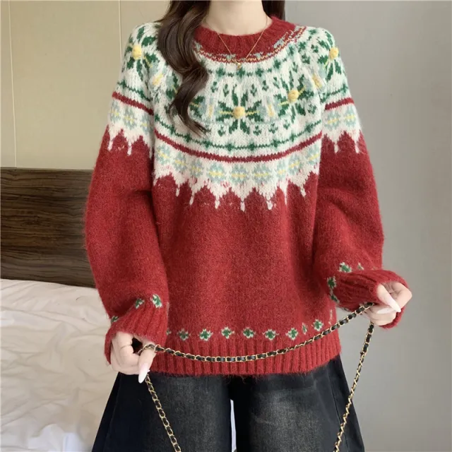 Slimming Relaxed style Vintage Knit Top Red - Shop at LoveMi