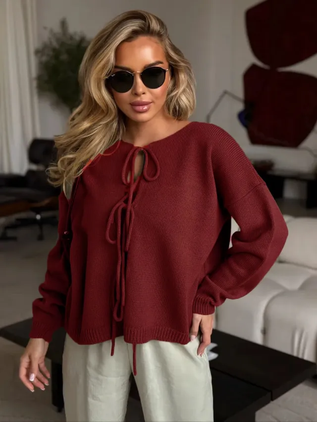 Loose Round neck Long sleeved Women's Sweater Wine - Shop at LoveMi