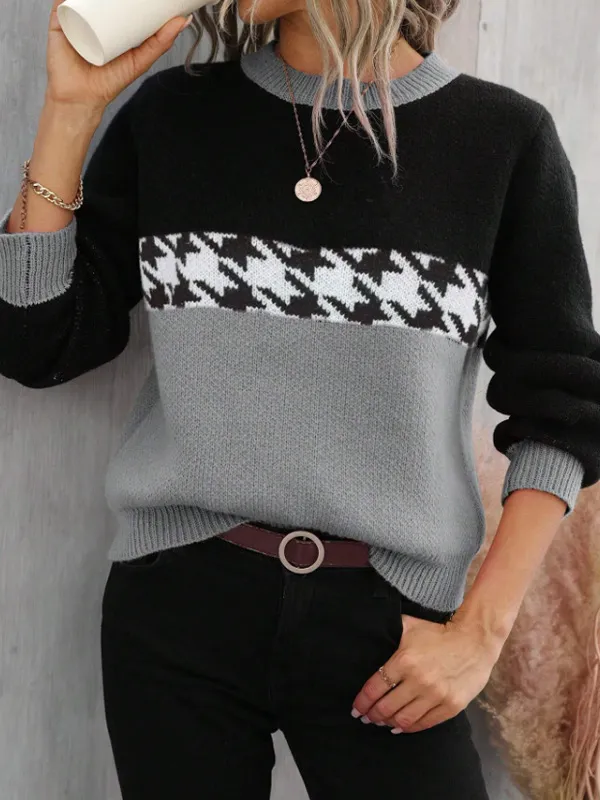 Contrast Color Pullover Round Neck Knitted Sweater Fashion Geometry Pattern Dark Gray - Shop at LoveMi