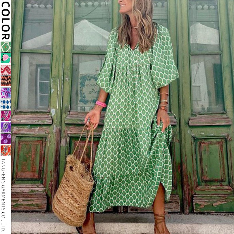 Womens Loose Long-Sleeve Dress With Floral Print And Puffed Sleeves Style For Europe And America