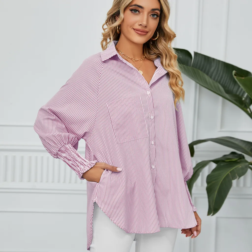Women's Cuff Pleating Loose Striped Shirt Top - Bright Red