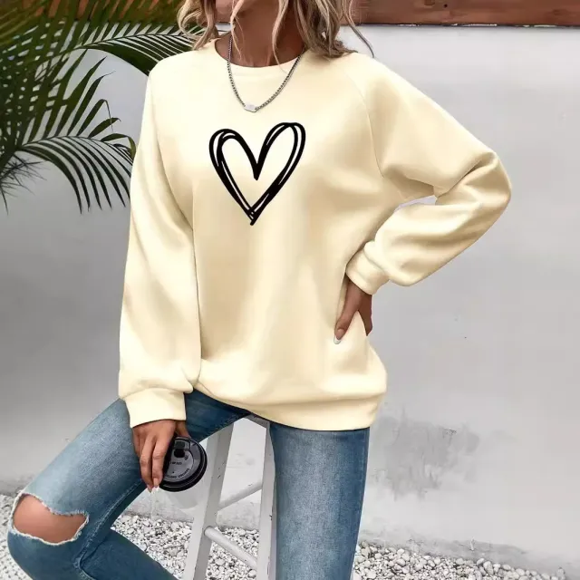 Heart Printing Round Neck Long Sleeve Sweatshirt Tops Apricot - Shop at LoveMi