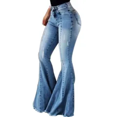 Elastic High Waist Ripped Denim Bell-bottom Pants Women - Light Blue - View 1