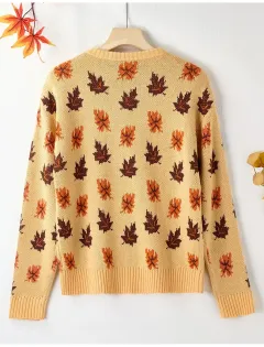 Maple Leaf Jacquard Long Sleeve Plus Size Loose Fashion Casual Sweater - Camel - View 1
