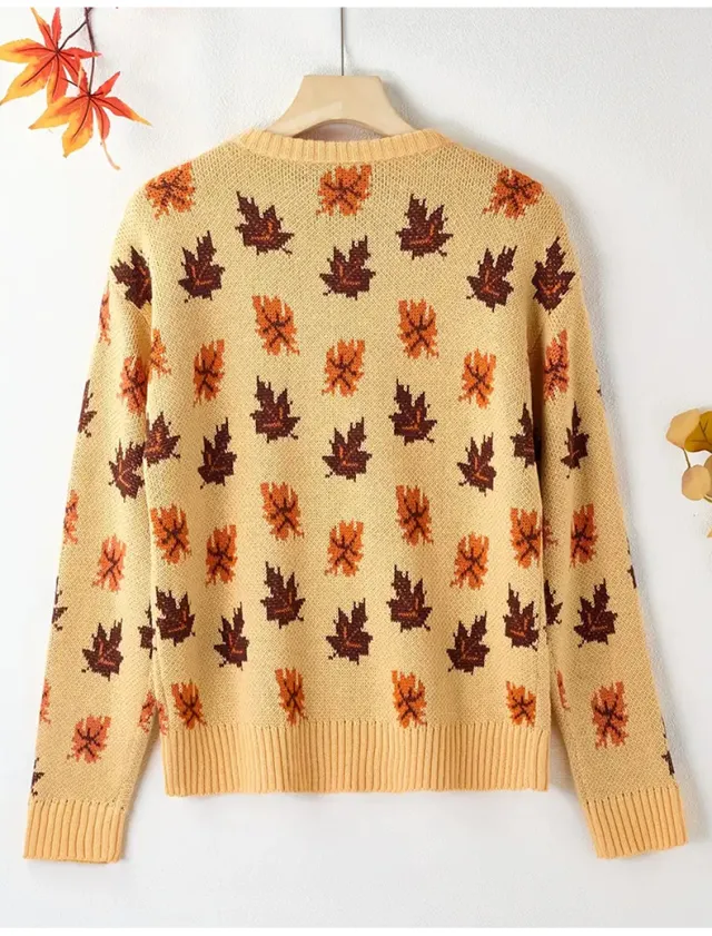 Maple Leaf Jacquard Long Sleeve Plus Size Loose Fashion Casual Sweater Camel - Shop at LoveMi