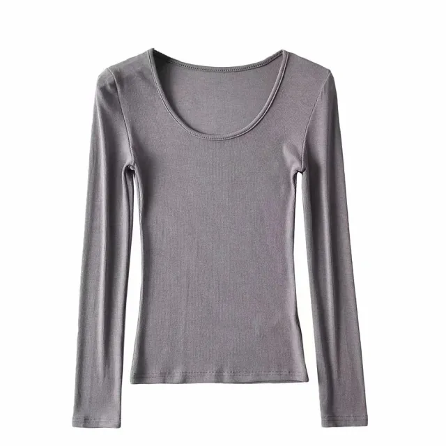 Round Neck Stretch Slim Fit Long sleeved T shirt Women Gray - Shop at LoveMi