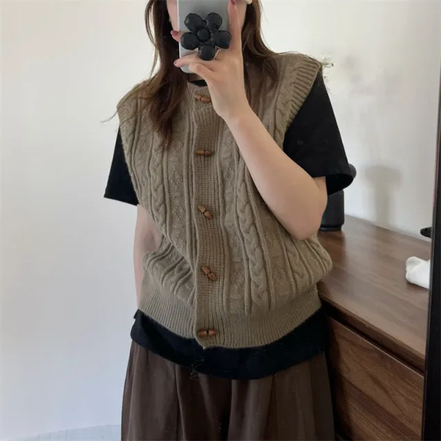 Round Neck Horn Button Knitted Cardigan Vest Camel - Shop at LoveMi