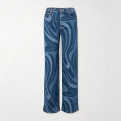 Women's Casual Water Wave Print Straight Leg Denim Pants - Blue - View 1
