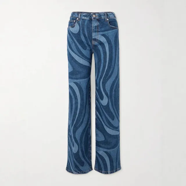 Women's Casual Water Wave Print Straight Leg Denim Pants Blue - Shop at LoveMi