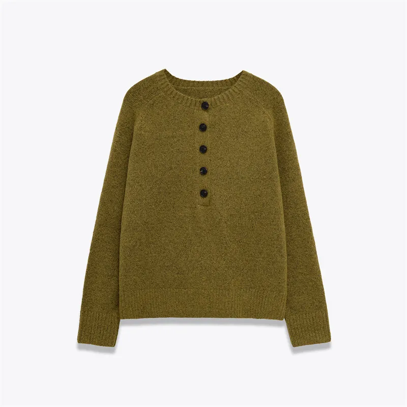 Women's Round Neck Single-breasted Knit Sweater - Olive