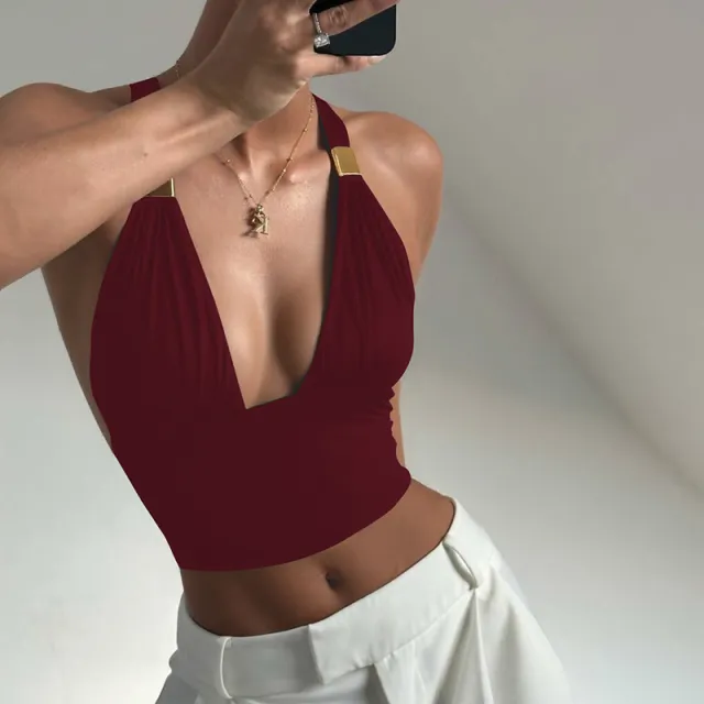 Deep V Metal Decorative Halter Backless Slim Fit Tied Tube Top Wine Red - Shop at LoveMi