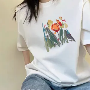 Women's Cotton Off the shoulder Niche Loose Simple Full match Printed Short Sleeve 40 White - Shop at LoveMi