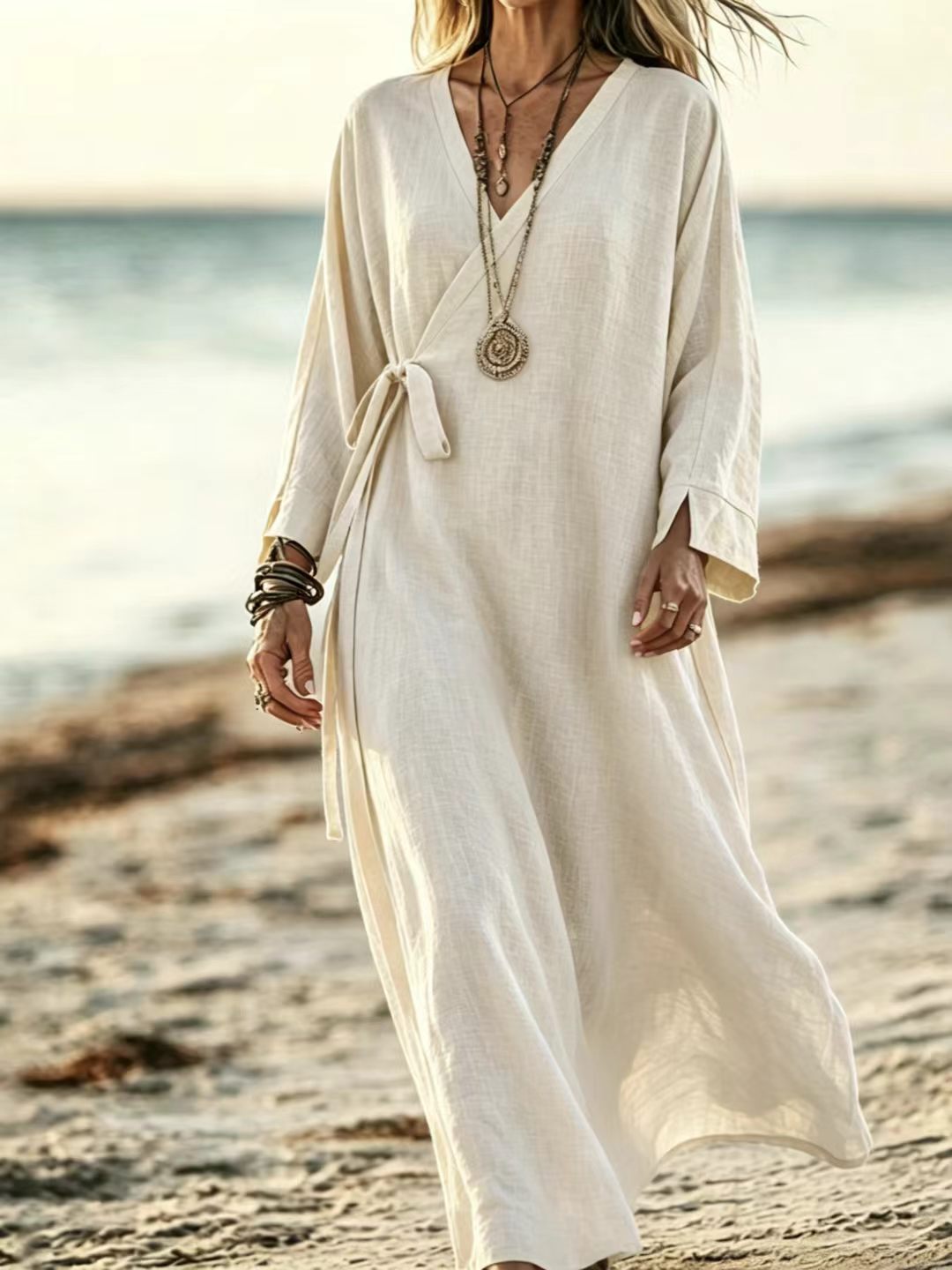 V-neck Crossover Strap Long-sleeve Resort Dress 05da38bd 7cdc 450b 904b 62e1989803e0