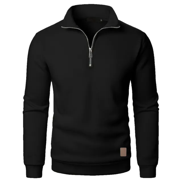 Men's Stand Collar Half Zip Long sleeved Sports Casual Solid Color Fleece Top Black - Shop at LoveMi