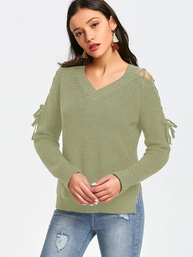Hollow Knit Sweater Women Long Sleeve Tie Loose V neck Light Green - Shop at LoveMi