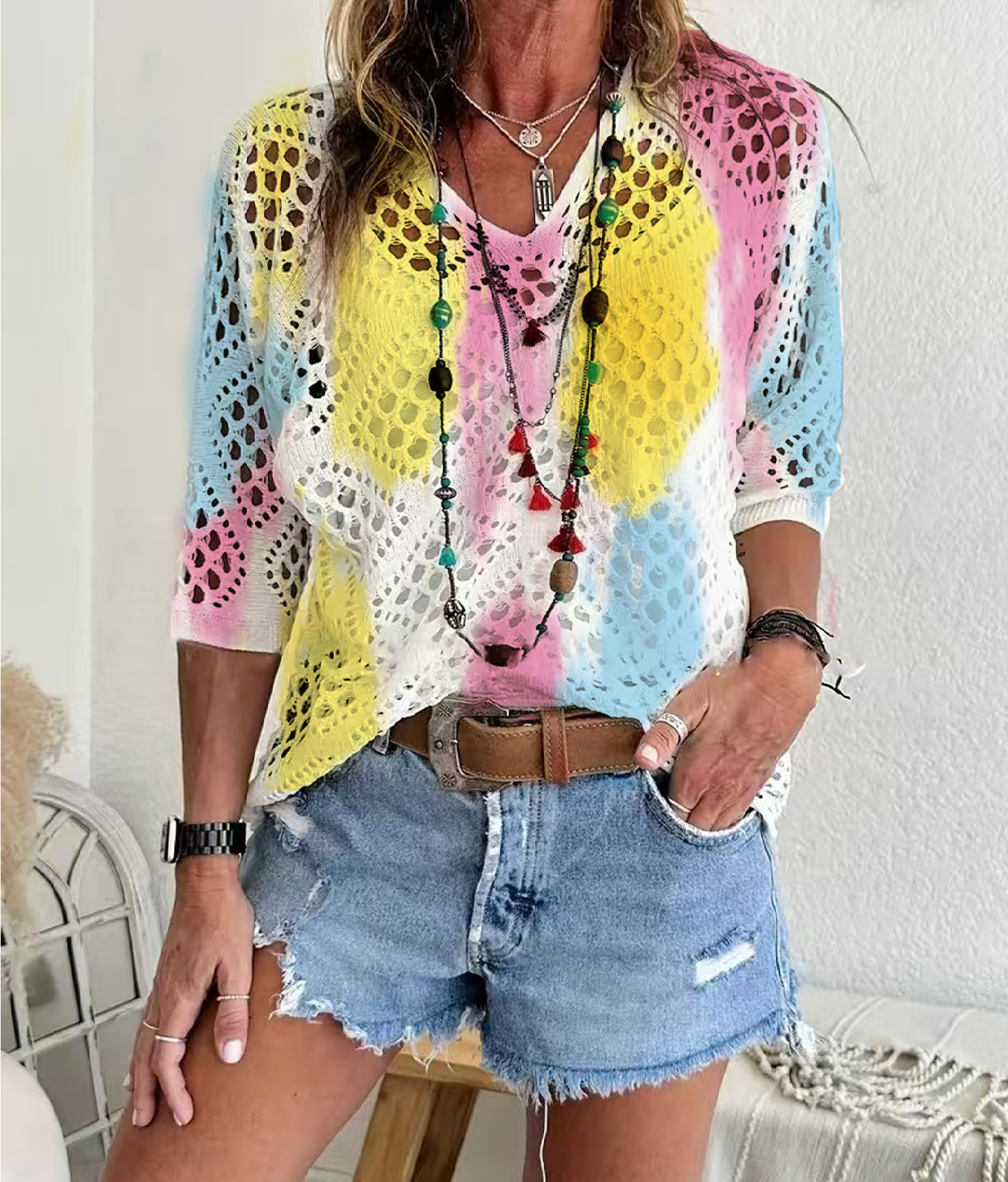 Women's Batwing-Sleeve Sweater 3D Knitted Print Style 891 – hollowed-out relaxed fit polyester